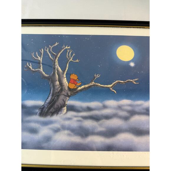 Disney Lithograph Print Winnie the Pooh Tree Night Sky Moon Black Frame - Picture 2 of 3